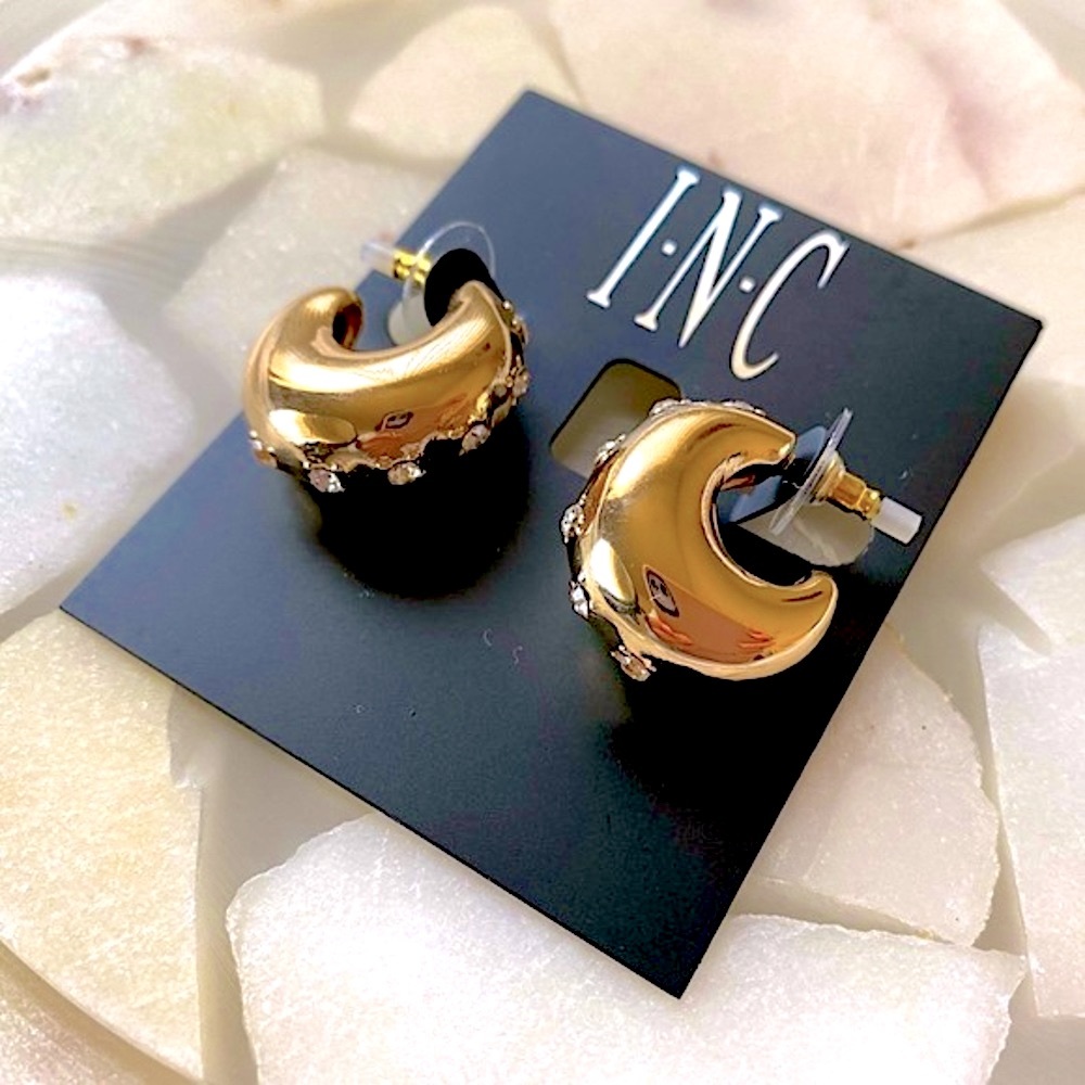 INC Gold-Tone Pavé-Studded Puff Hoop Earrings